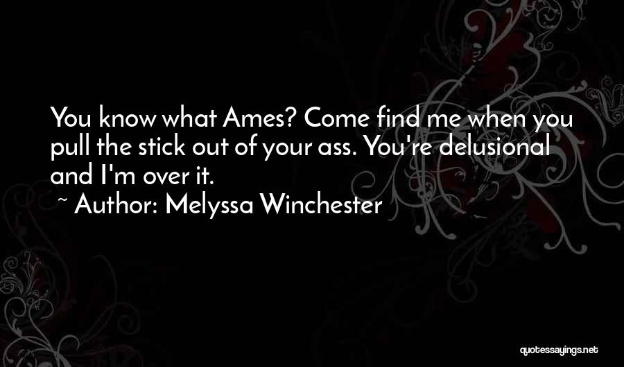 Melyssa Winchester Quotes: You Know What Ames? Come Find Me When You Pull The Stick Out Of Your Ass. You're Delusional And I'm
