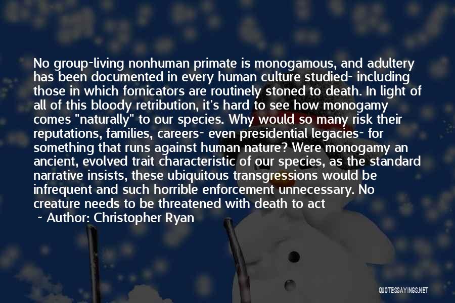 Christopher Ryan Quotes: No Group-living Nonhuman Primate Is Monogamous, And Adultery Has Been Documented In Every Human Culture Studied- Including Those In Which