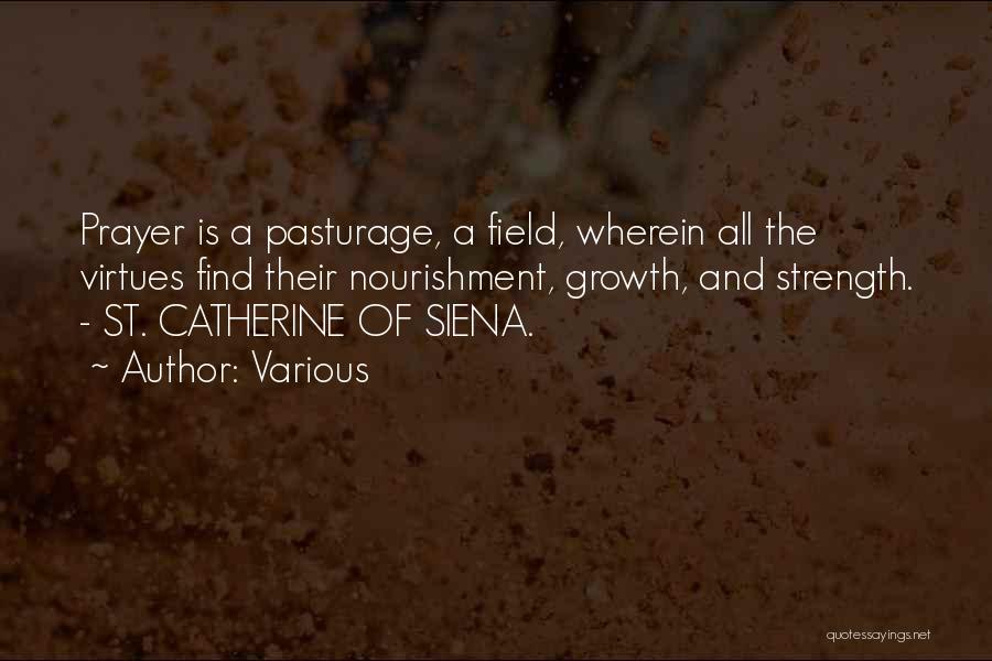 Various Quotes: Prayer Is A Pasturage, A Field, Wherein All The Virtues Find Their Nourishment, Growth, And Strength. - St. Catherine Of