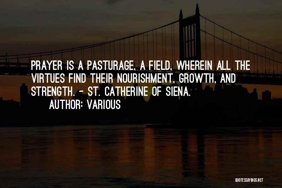 Various Quotes: Prayer Is A Pasturage, A Field, Wherein All The Virtues Find Their Nourishment, Growth, And Strength. - St. Catherine Of