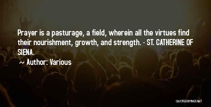 Various Quotes: Prayer Is A Pasturage, A Field, Wherein All The Virtues Find Their Nourishment, Growth, And Strength. - St. Catherine Of