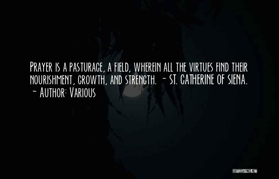 Various Quotes: Prayer Is A Pasturage, A Field, Wherein All The Virtues Find Their Nourishment, Growth, And Strength. - St. Catherine Of