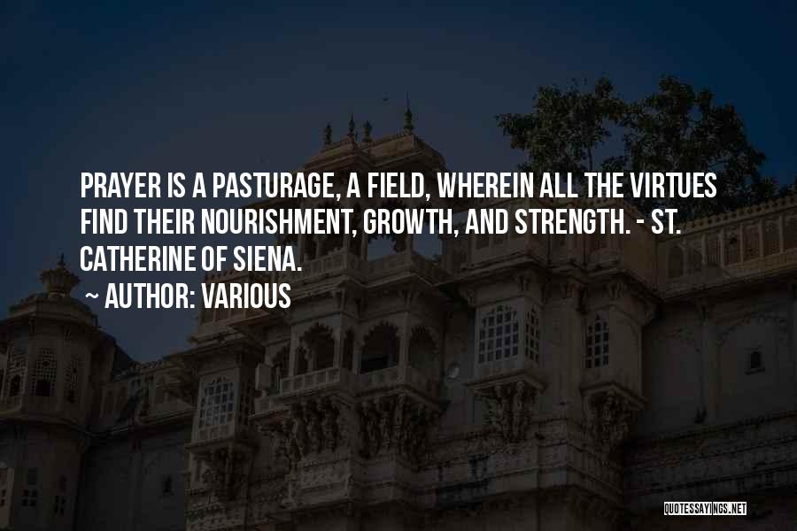 Various Quotes: Prayer Is A Pasturage, A Field, Wherein All The Virtues Find Their Nourishment, Growth, And Strength. - St. Catherine Of