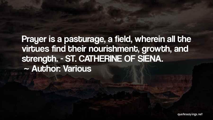 Various Quotes: Prayer Is A Pasturage, A Field, Wherein All The Virtues Find Their Nourishment, Growth, And Strength. - St. Catherine Of
