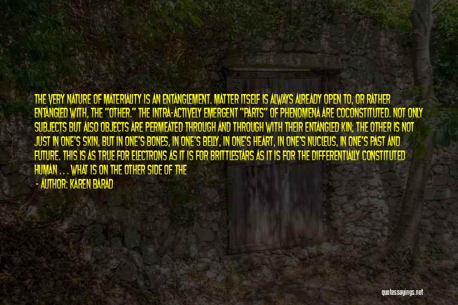 Karen Barad Quotes: The Very Nature Of Materiality Is An Entanglement. Matter Itself Is Always Already Open To, Or Rather Entangled With, The