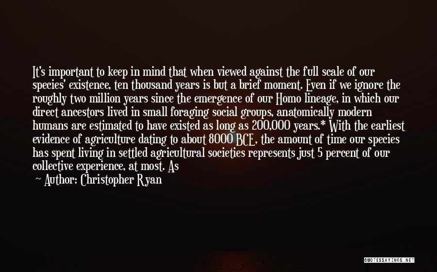 Christopher Ryan Quotes: It's Important To Keep In Mind That When Viewed Against The Full Scale Of Our Species' Existence, Ten Thousand Years