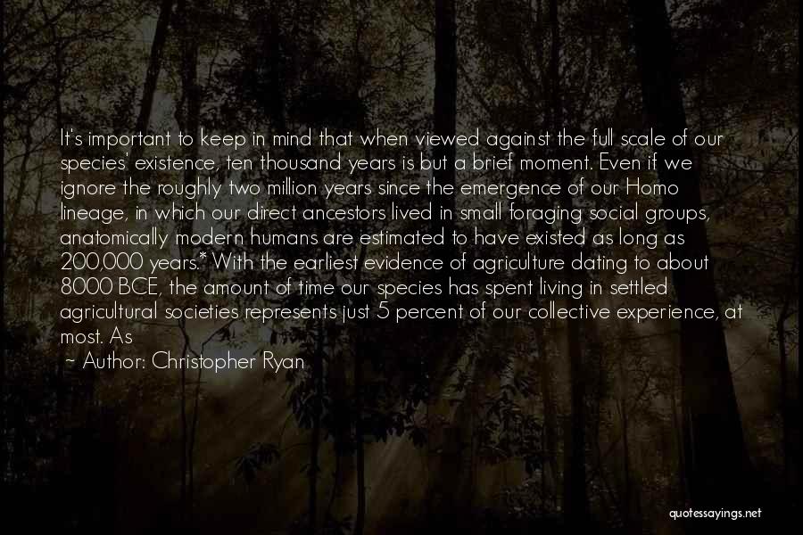 Christopher Ryan Quotes: It's Important To Keep In Mind That When Viewed Against The Full Scale Of Our Species' Existence, Ten Thousand Years