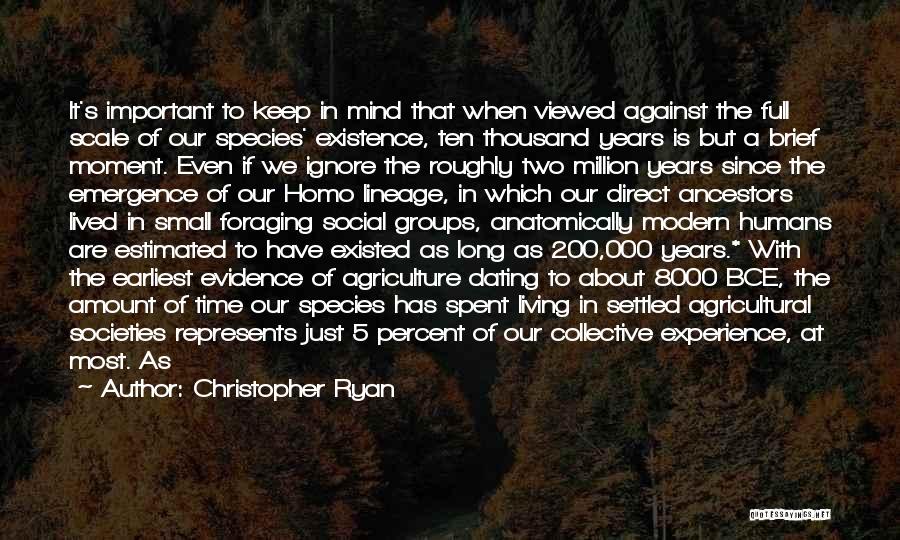 Christopher Ryan Quotes: It's Important To Keep In Mind That When Viewed Against The Full Scale Of Our Species' Existence, Ten Thousand Years