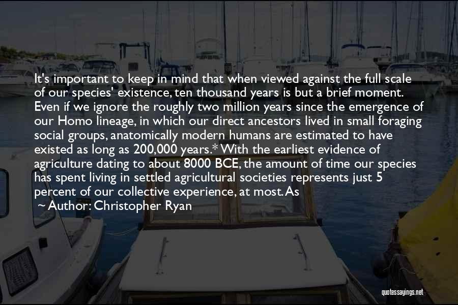 Christopher Ryan Quotes: It's Important To Keep In Mind That When Viewed Against The Full Scale Of Our Species' Existence, Ten Thousand Years