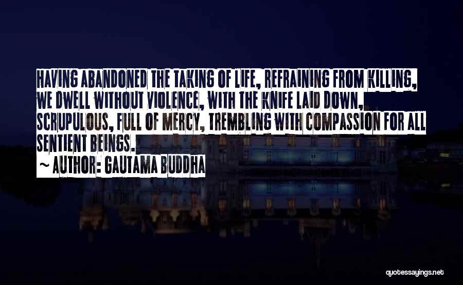 Gautama Buddha Quotes: Having Abandoned The Taking Of Life, Refraining From Killing, We Dwell Without Violence, With The Knife Laid Down, Scrupulous, Full