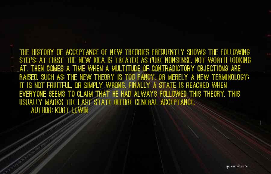 Kurt Lewin Quotes: The History Of Acceptance Of New Theories Frequently Shows The Following Steps: At First The New Idea Is Treated As