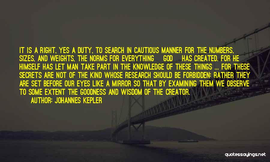 Johannes Kepler Quotes: It Is A Right, Yes A Duty, To Search In Cautious Manner For The Numbers, Sizes, And Weights, The Norms