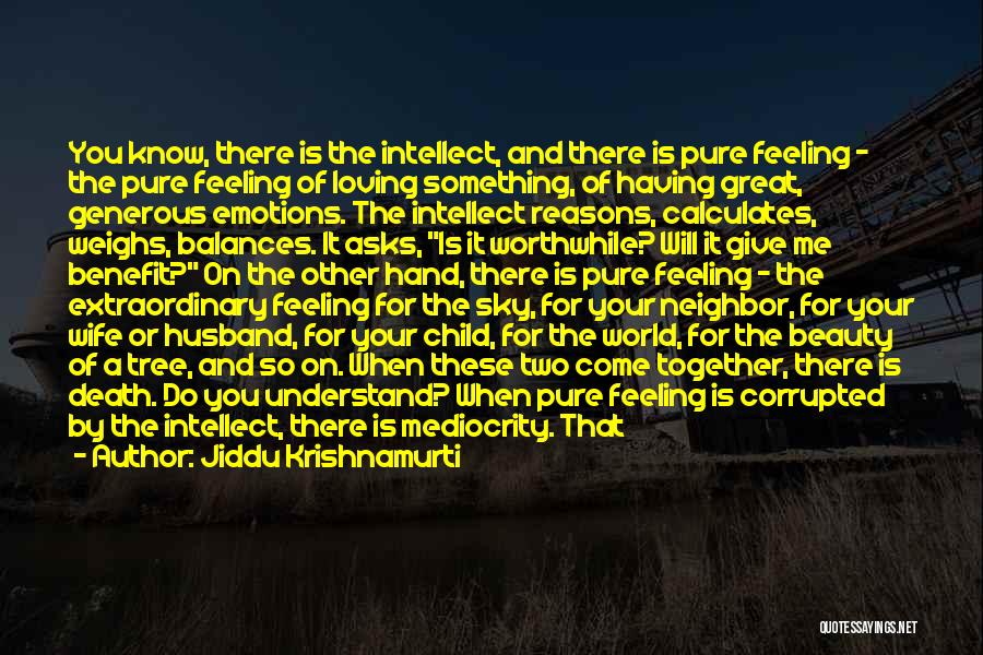 Jiddu Krishnamurti Quotes: You Know, There Is The Intellect, And There Is Pure Feeling - The Pure Feeling Of Loving Something, Of Having