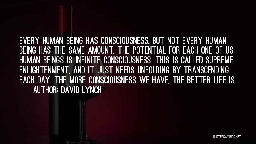 David Lynch Quotes: Every Human Being Has Consciousness, But Not Every Human Being Has The Same Amount. The Potential For Each One Of