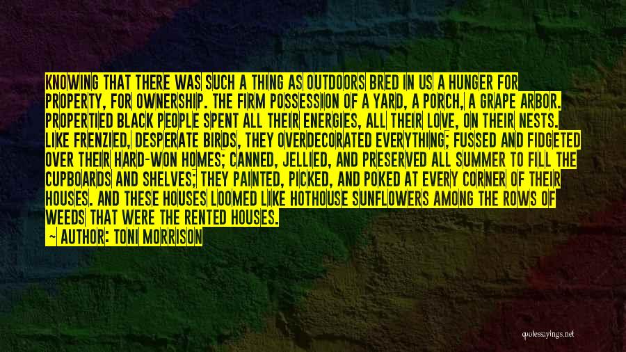 Toni Morrison Quotes: Knowing That There Was Such A Thing As Outdoors Bred In Us A Hunger For Property, For Ownership. The Firm