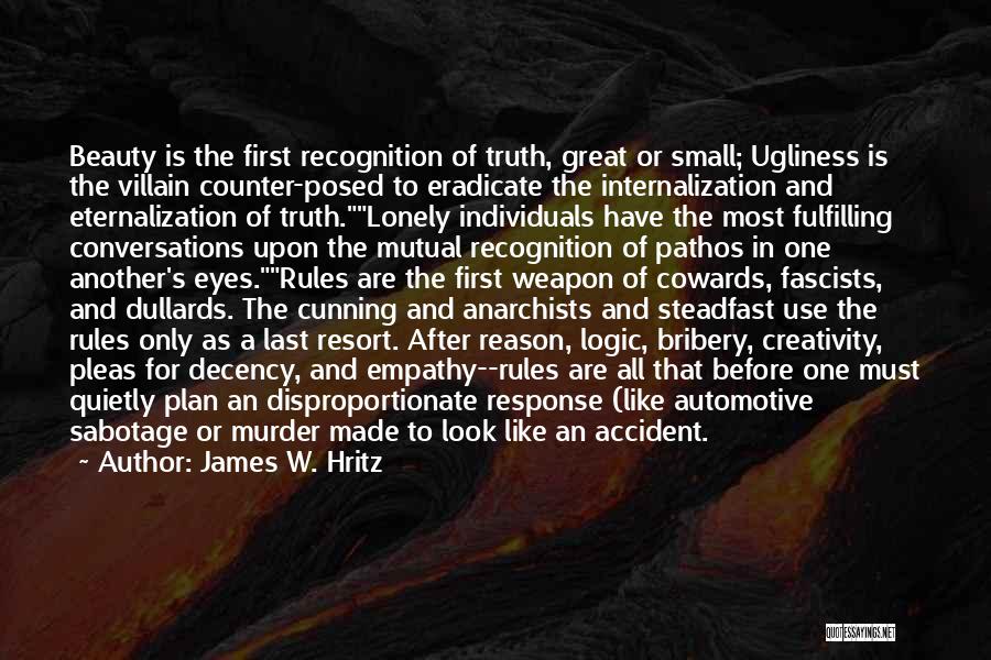 James W. Hritz Quotes: Beauty Is The First Recognition Of Truth, Great Or Small; Ugliness Is The Villain Counter-posed To Eradicate The Internalization And