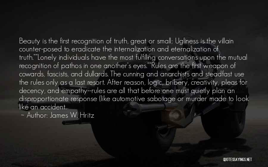 James W. Hritz Quotes: Beauty Is The First Recognition Of Truth, Great Or Small; Ugliness Is The Villain Counter-posed To Eradicate The Internalization And