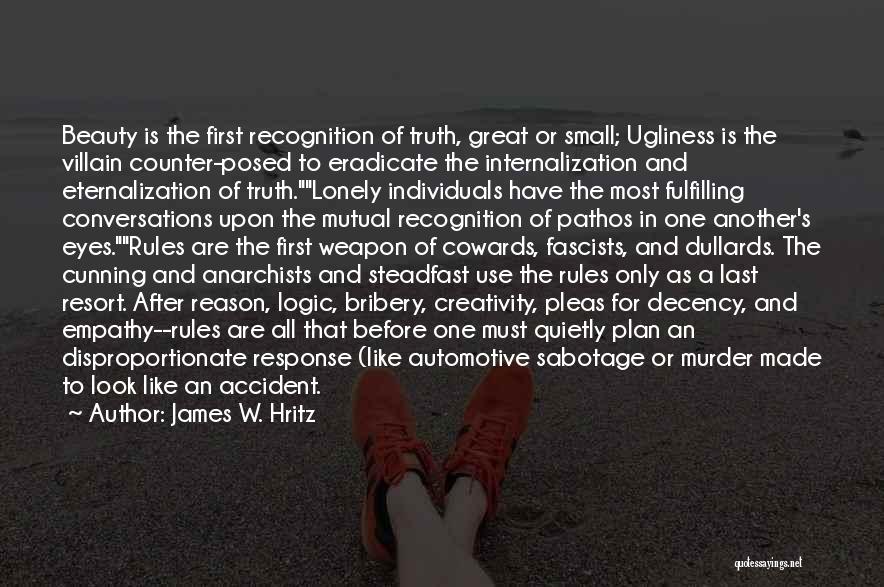 James W. Hritz Quotes: Beauty Is The First Recognition Of Truth, Great Or Small; Ugliness Is The Villain Counter-posed To Eradicate The Internalization And