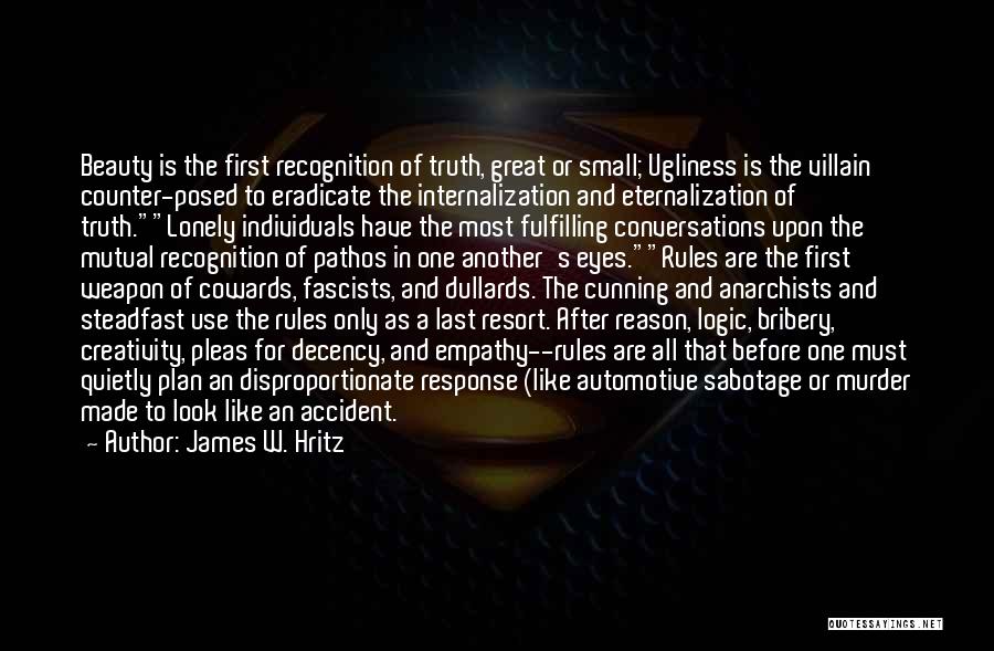 James W. Hritz Quotes: Beauty Is The First Recognition Of Truth, Great Or Small; Ugliness Is The Villain Counter-posed To Eradicate The Internalization And