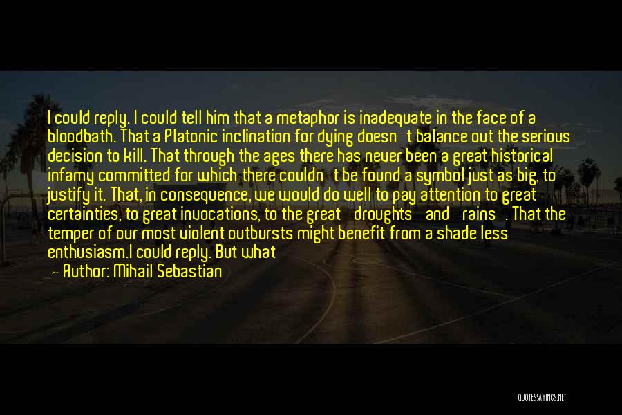 Mihail Sebastian Quotes: I Could Reply. I Could Tell Him That A Metaphor Is Inadequate In The Face Of A Bloodbath. That A