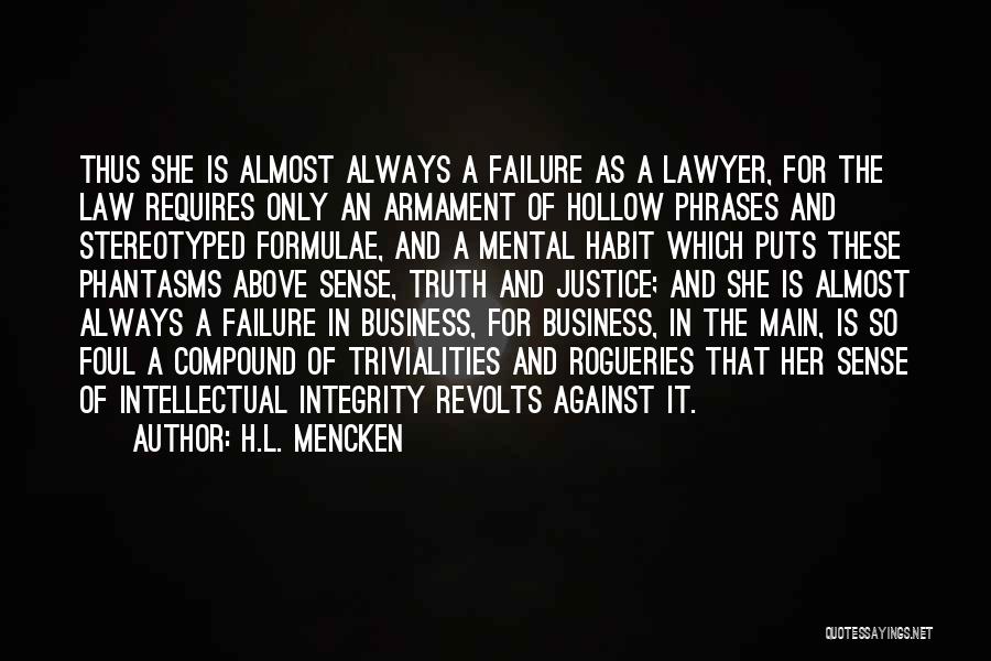 H.L. Mencken Quotes: Thus She Is Almost Always A Failure As A Lawyer, For The Law Requires Only An Armament Of Hollow Phrases