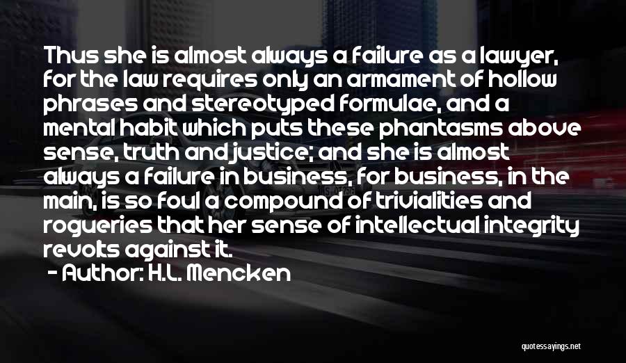 H.L. Mencken Quotes: Thus She Is Almost Always A Failure As A Lawyer, For The Law Requires Only An Armament Of Hollow Phrases