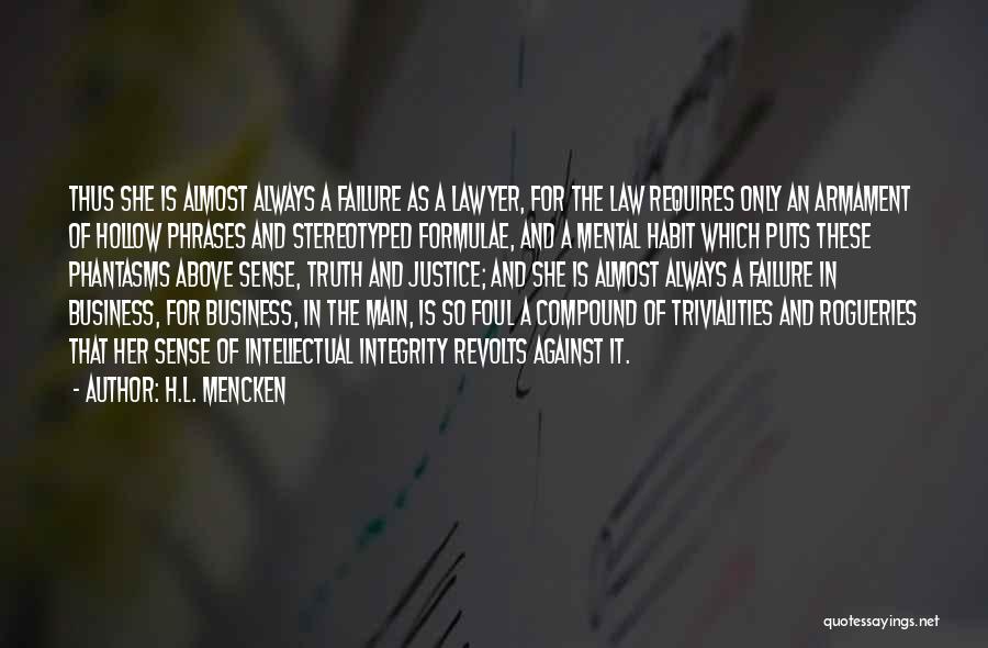 H.L. Mencken Quotes: Thus She Is Almost Always A Failure As A Lawyer, For The Law Requires Only An Armament Of Hollow Phrases