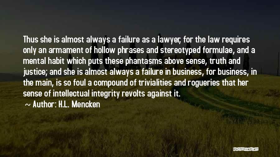 H.L. Mencken Quotes: Thus She Is Almost Always A Failure As A Lawyer, For The Law Requires Only An Armament Of Hollow Phrases