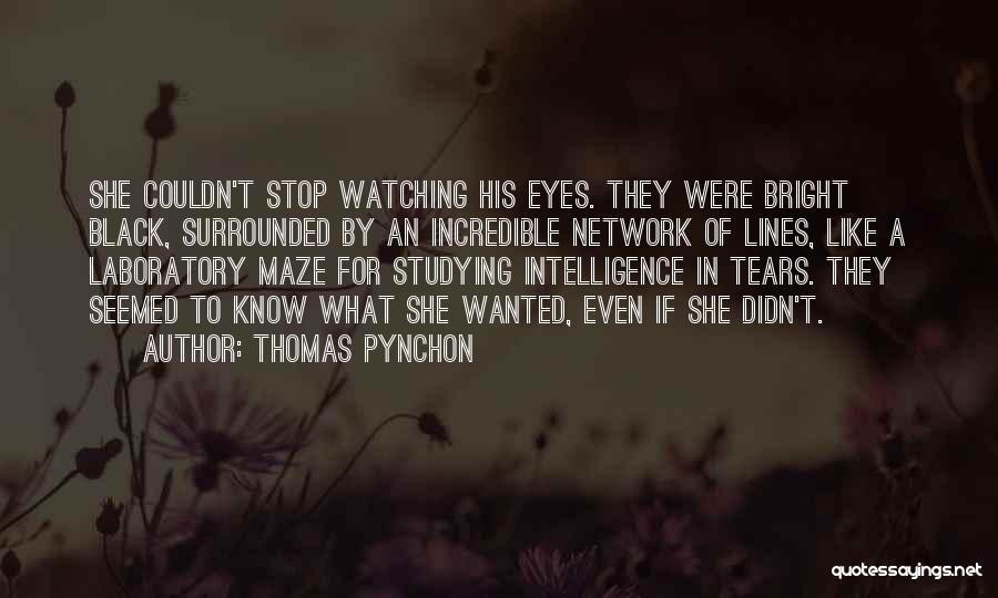Thomas Pynchon Quotes: She Couldn't Stop Watching His Eyes. They Were Bright Black, Surrounded By An Incredible Network Of Lines, Like A Laboratory
