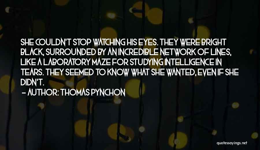Thomas Pynchon Quotes: She Couldn't Stop Watching His Eyes. They Were Bright Black, Surrounded By An Incredible Network Of Lines, Like A Laboratory
