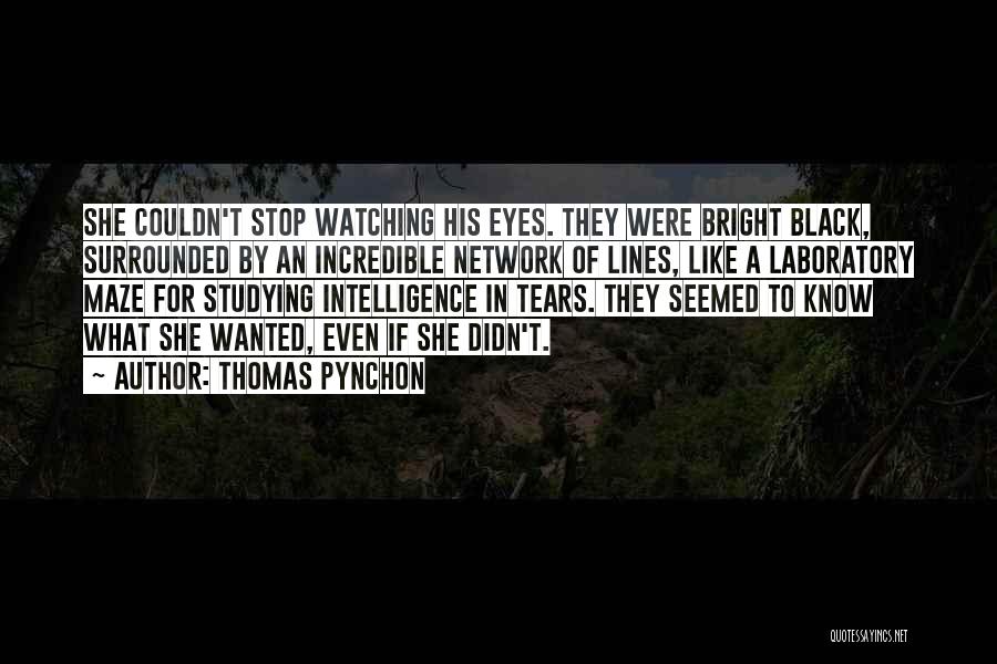 Thomas Pynchon Quotes: She Couldn't Stop Watching His Eyes. They Were Bright Black, Surrounded By An Incredible Network Of Lines, Like A Laboratory