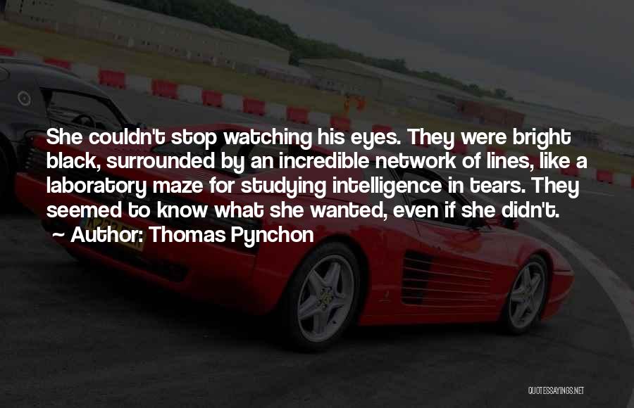 Thomas Pynchon Quotes: She Couldn't Stop Watching His Eyes. They Were Bright Black, Surrounded By An Incredible Network Of Lines, Like A Laboratory