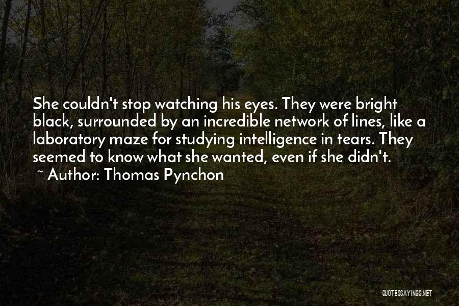 Thomas Pynchon Quotes: She Couldn't Stop Watching His Eyes. They Were Bright Black, Surrounded By An Incredible Network Of Lines, Like A Laboratory