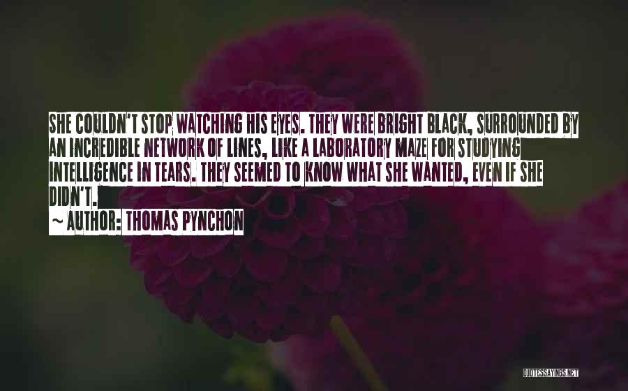 Thomas Pynchon Quotes: She Couldn't Stop Watching His Eyes. They Were Bright Black, Surrounded By An Incredible Network Of Lines, Like A Laboratory
