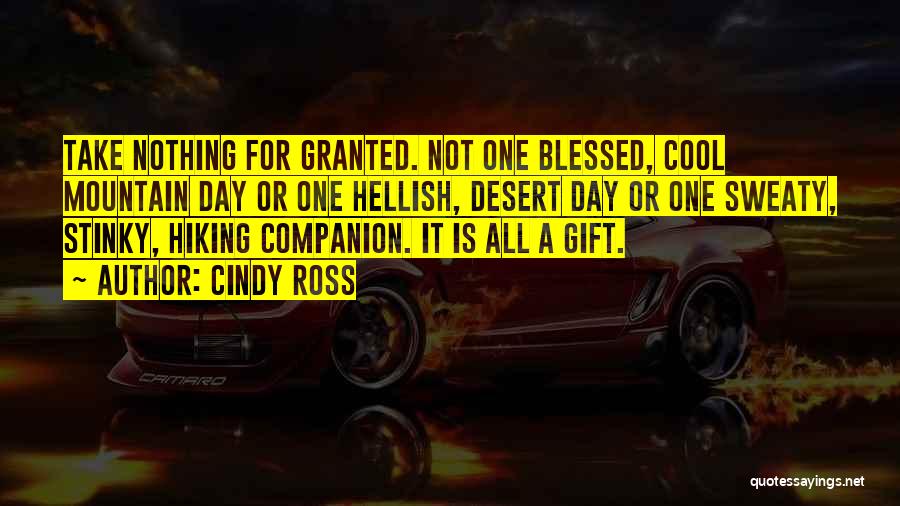 Cindy Ross Quotes: Take Nothing For Granted. Not One Blessed, Cool Mountain Day Or One Hellish, Desert Day Or One Sweaty, Stinky, Hiking