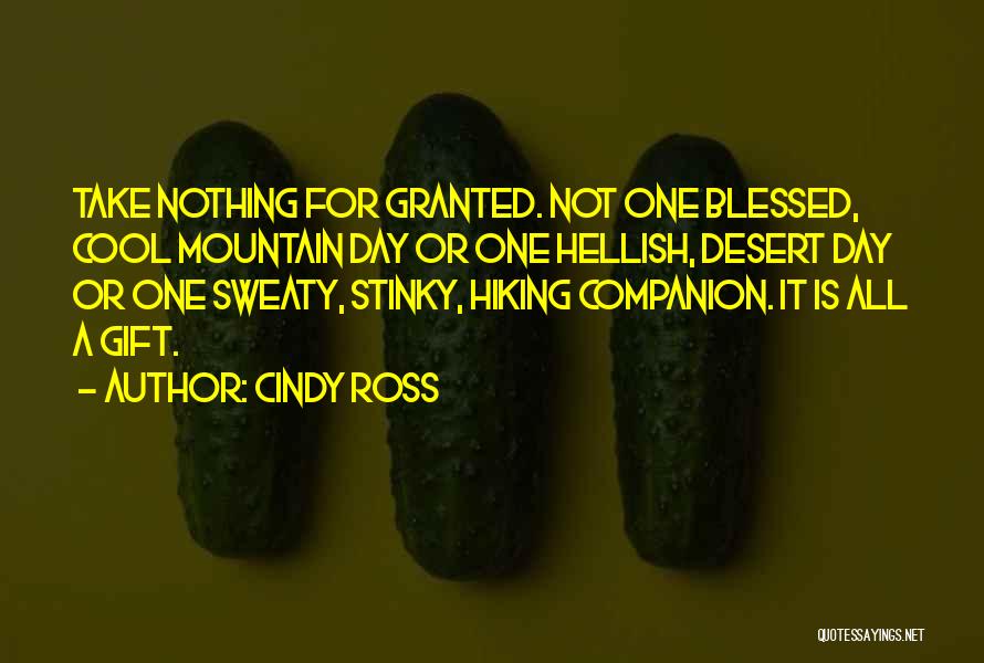 Cindy Ross Quotes: Take Nothing For Granted. Not One Blessed, Cool Mountain Day Or One Hellish, Desert Day Or One Sweaty, Stinky, Hiking