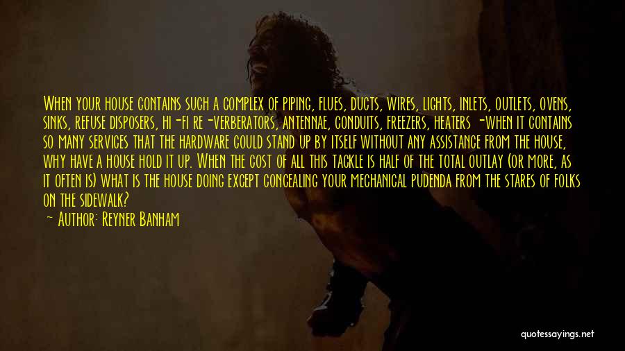 Reyner Banham Quotes: When Your House Contains Such A Complex Of Piping, Flues, Ducts, Wires, Lights, Inlets, Outlets, Ovens, Sinks, Refuse Disposers, Hi-fi