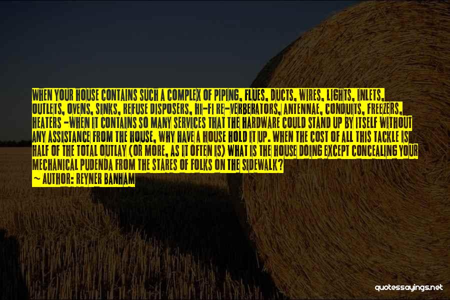 Reyner Banham Quotes: When Your House Contains Such A Complex Of Piping, Flues, Ducts, Wires, Lights, Inlets, Outlets, Ovens, Sinks, Refuse Disposers, Hi-fi