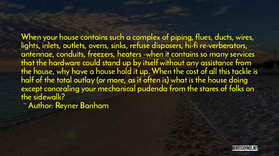Reyner Banham Quotes: When Your House Contains Such A Complex Of Piping, Flues, Ducts, Wires, Lights, Inlets, Outlets, Ovens, Sinks, Refuse Disposers, Hi-fi