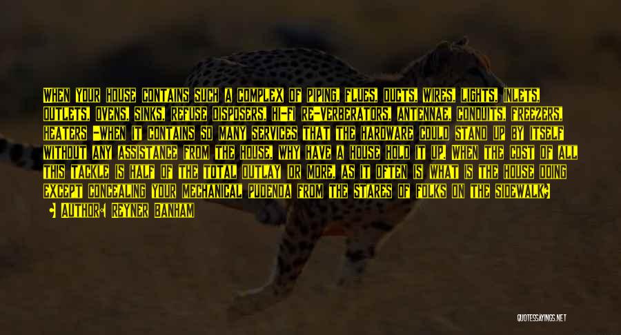 Reyner Banham Quotes: When Your House Contains Such A Complex Of Piping, Flues, Ducts, Wires, Lights, Inlets, Outlets, Ovens, Sinks, Refuse Disposers, Hi-fi