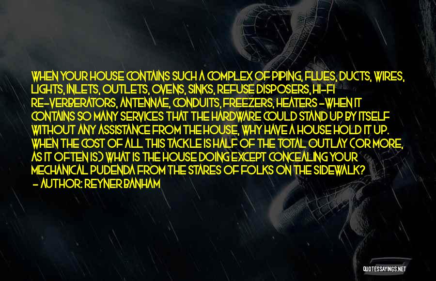 Reyner Banham Quotes: When Your House Contains Such A Complex Of Piping, Flues, Ducts, Wires, Lights, Inlets, Outlets, Ovens, Sinks, Refuse Disposers, Hi-fi