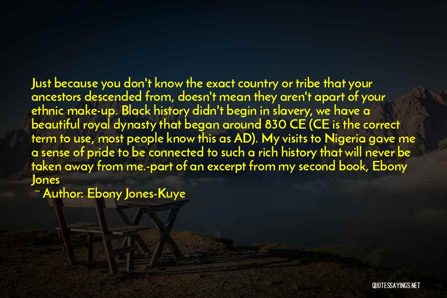 Ebony Jones-Kuye Quotes: Just Because You Don't Know The Exact Country Or Tribe That Your Ancestors Descended From, Doesn't Mean They Aren't Apart