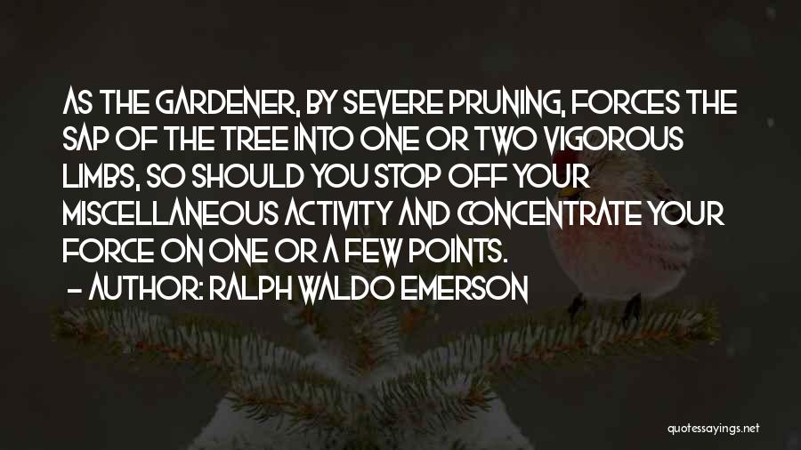 Ralph Waldo Emerson Quotes: As The Gardener, By Severe Pruning, Forces The Sap Of The Tree Into One Or Two Vigorous Limbs, So Should