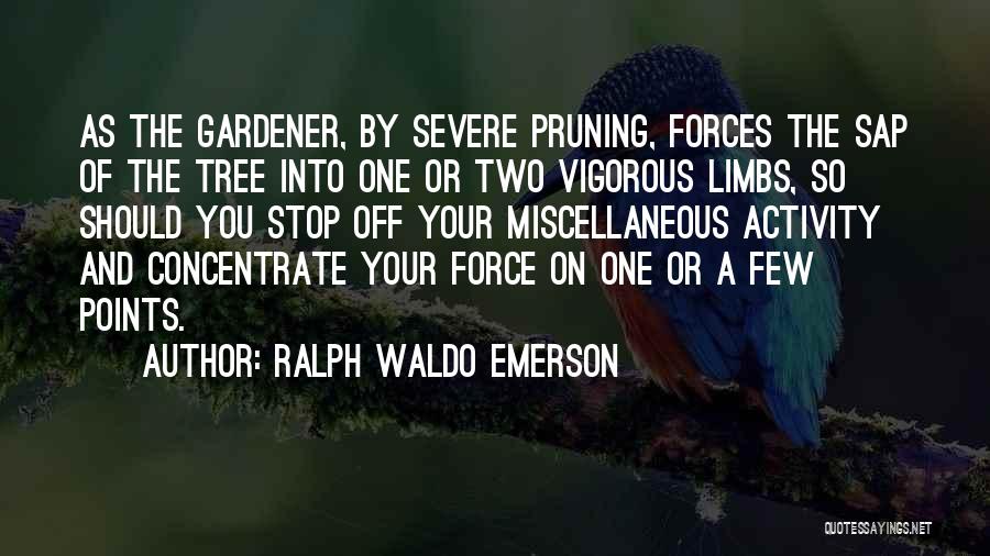 Ralph Waldo Emerson Quotes: As The Gardener, By Severe Pruning, Forces The Sap Of The Tree Into One Or Two Vigorous Limbs, So Should