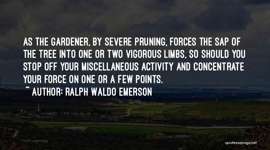 Ralph Waldo Emerson Quotes: As The Gardener, By Severe Pruning, Forces The Sap Of The Tree Into One Or Two Vigorous Limbs, So Should