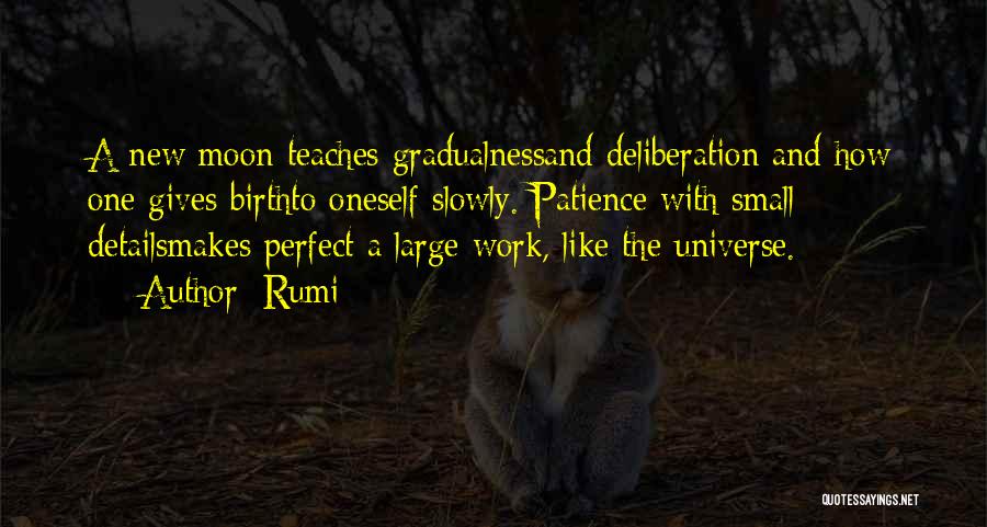 Rumi Quotes: A New Moon Teaches Gradualnessand Deliberation And How One Gives Birthto Oneself Slowly. Patience With Small Detailsmakes Perfect A Large