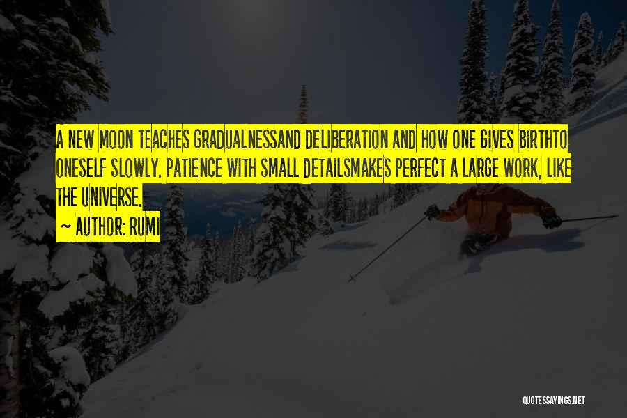 Rumi Quotes: A New Moon Teaches Gradualnessand Deliberation And How One Gives Birthto Oneself Slowly. Patience With Small Detailsmakes Perfect A Large