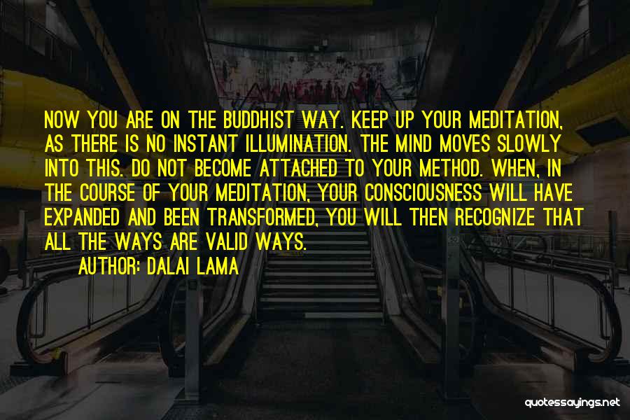 Dalai Lama Quotes: Now You Are On The Buddhist Way. Keep Up Your Meditation, As There Is No Instant Illumination. The Mind Moves