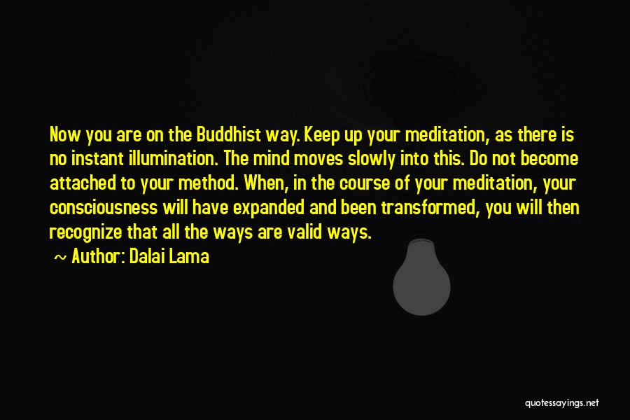 Dalai Lama Quotes: Now You Are On The Buddhist Way. Keep Up Your Meditation, As There Is No Instant Illumination. The Mind Moves