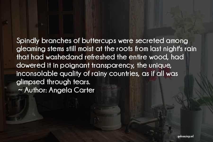 Angela Carter Quotes: Spindly Branches Of Buttercups Were Secreted Among Gleaming Stems Still Moist At The Roots From Last Night's Rain That Had